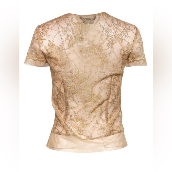 New BCBG Max Azria - Gold Metallic Sheer Lace Short Sleeve Blouse - Picture 3 of 5
